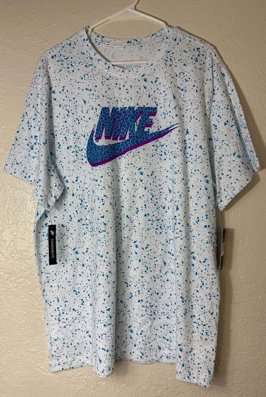 Nike Swoosh Paint Splatter T-Shirt Size XL White Blue Purple Graphic Tee